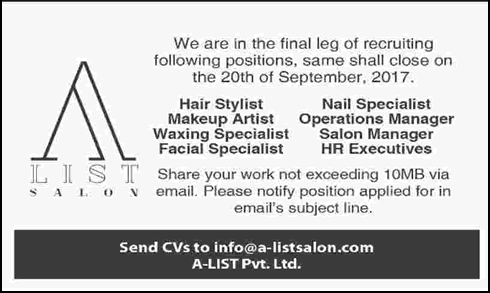 A List Saloon Karachi Jobs 2017 September Makeup Artist, Hair Stylist, HR Executives & Others Latest