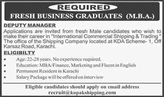 Fresh Business Graduate Jobs in Karachi September 2017 at Kopak Shipping Company Deputy Managers Latest