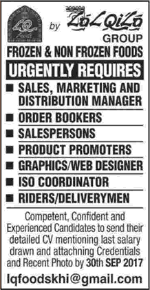 Lal Qila Group Karachi Jobs 2017 Order Bookers, Salespersons, Riders & Others Latest