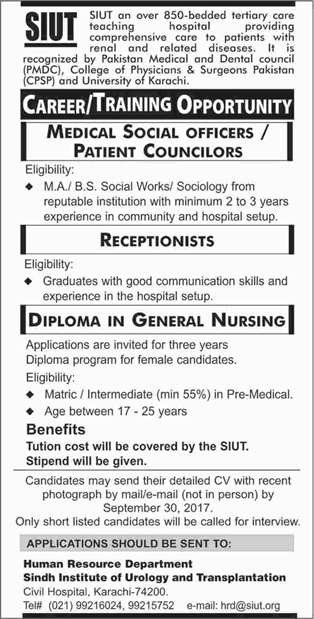 SIUT Karachi Jobs September 2017 Medical Social Officers, Receptionists & General Nursing Diploma Program latest