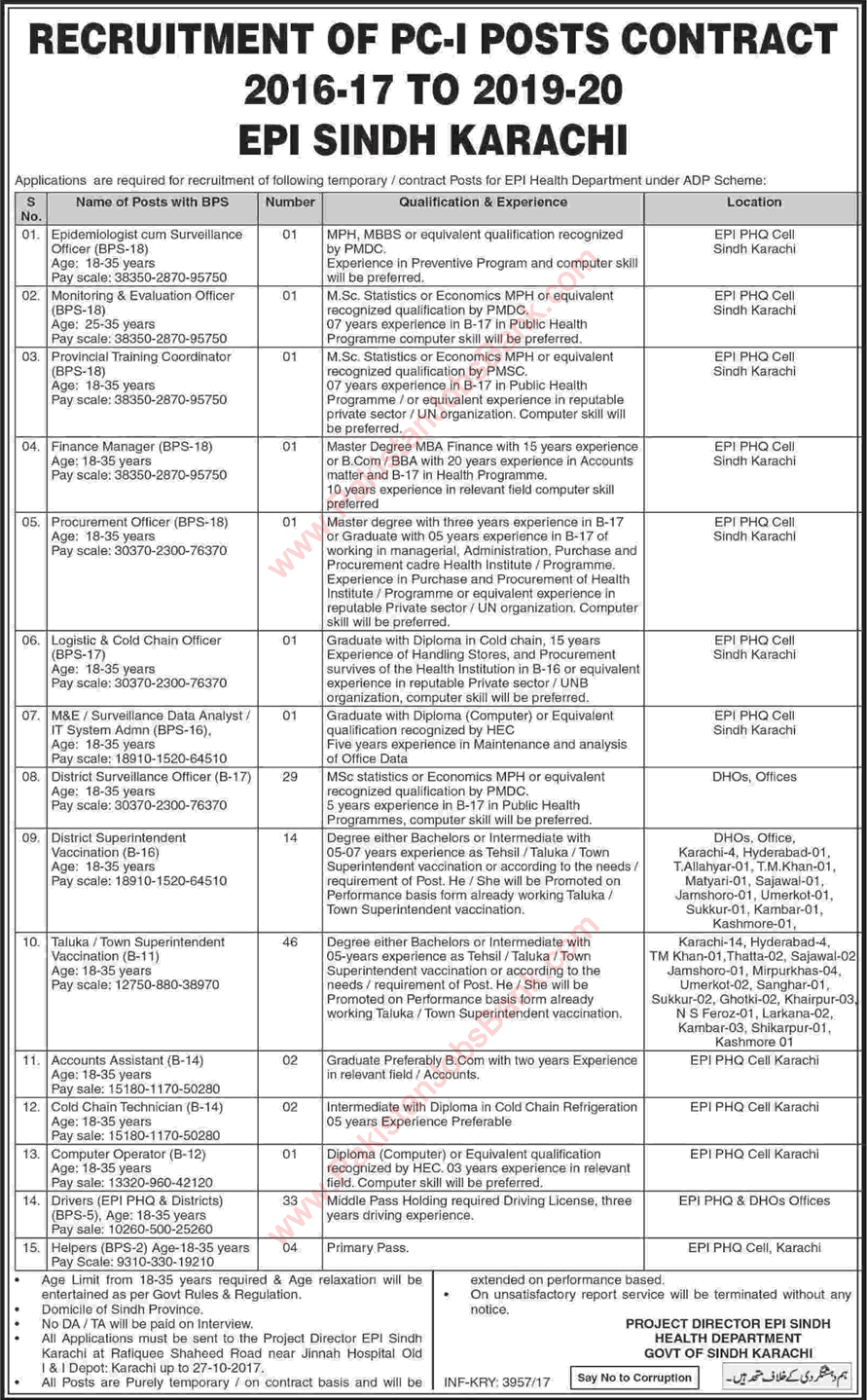 Health Department Sindh Jobs September 2017 EPI Vaccination Superintendents, District Surveillance Officers & Others Latest