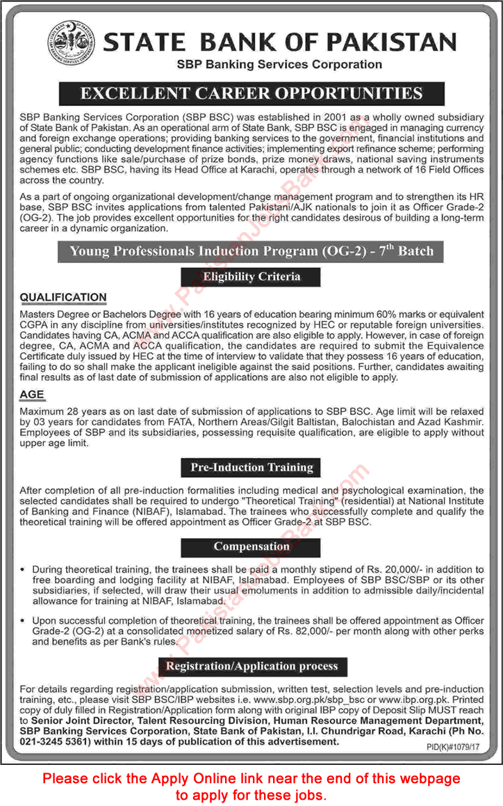 State Bank of Pakistan Young Professionals Induction Program 2017 October Apply Online 7th Batch Latest