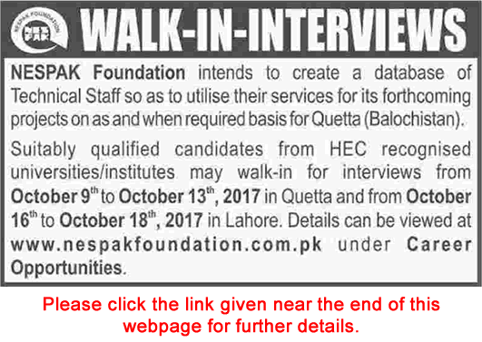 NESPAK Foundation Jobs October 2017 Walk in Interview Civil Engineers & Others Latest