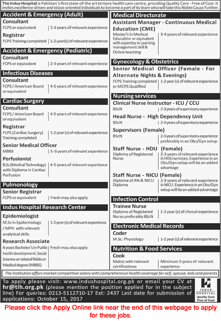 The Indus Hospital Karachi Jobs October 2017 Apply Online Nurses, Medical Officers, Consultants & Others Latest