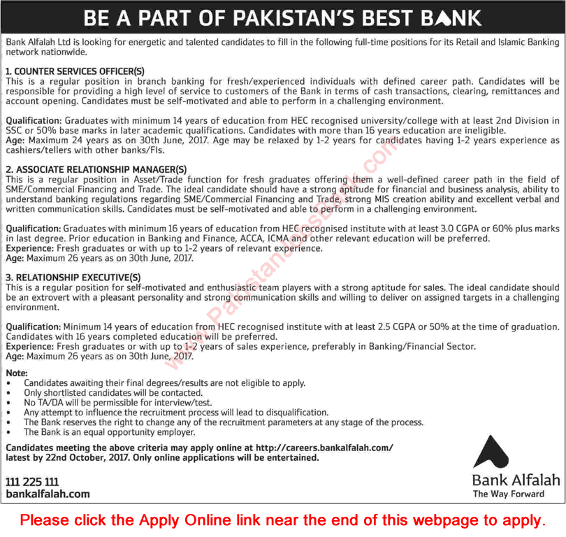 Bank Alfalah Jobs October 2017 Apply Online Counter Services Officers, Relationship Executives & Managers Latest