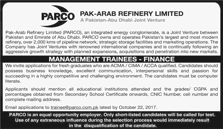 Management Trainee Jobs in PARCO October 2017 Pak Arab Refinery Limited Latest