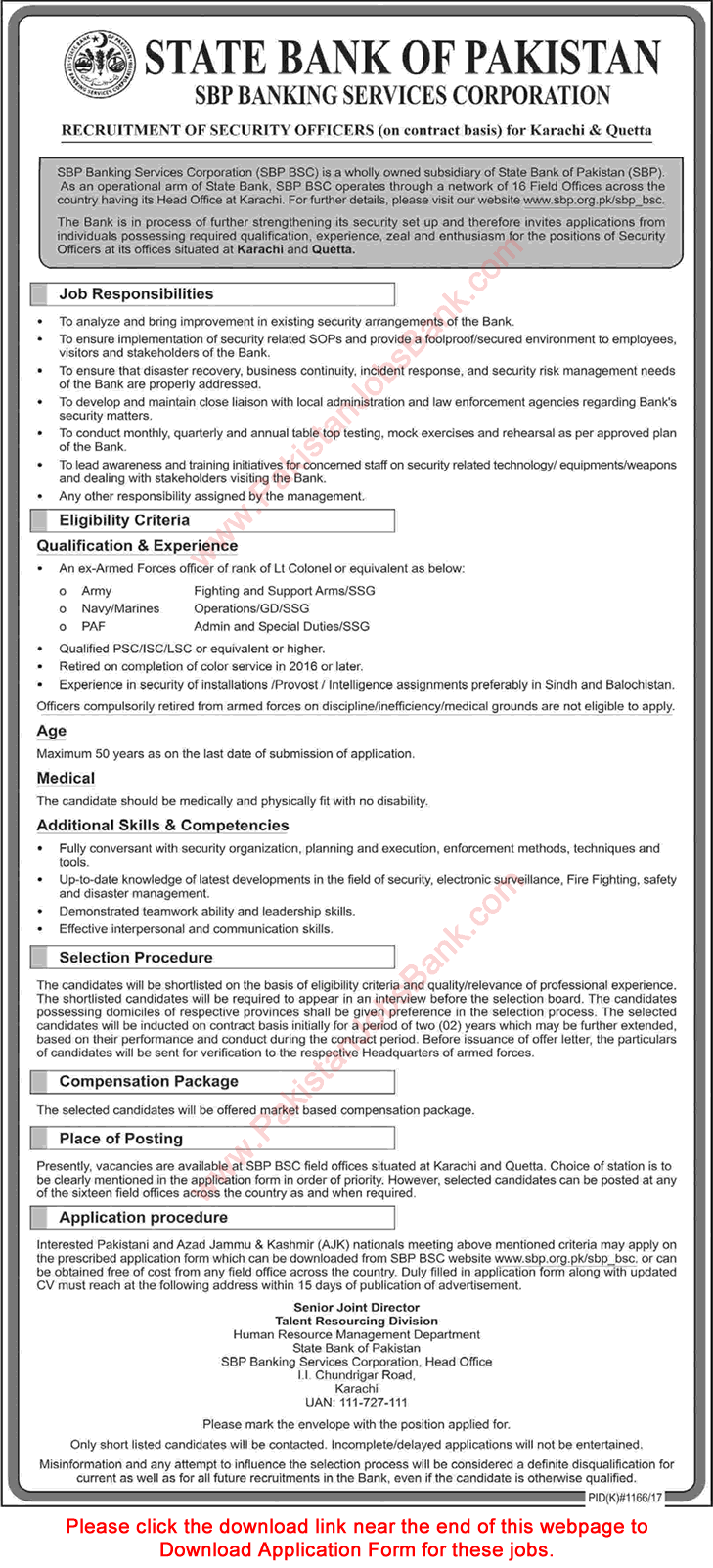 Security Officer Jobs in State Bank of Pakistan 2017 October Application Form Ex/Retired Army Personnel Latest