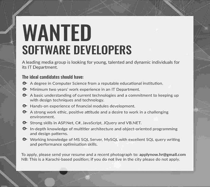 Software Developer Jobs in Karachi October 2017 at Dawn Media Group Latest