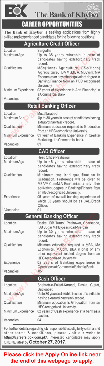 Bank of Khyber Jobs October 2017 Apply Online General Banking Officer, Cash Officers & Others Latest