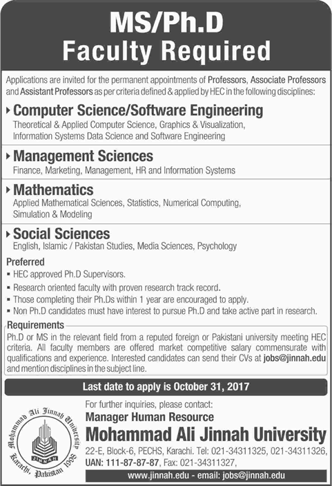 Mohammad Ali Jinnah University Karachi Jobs October 2017 Teaching Faculty MAJU Latest