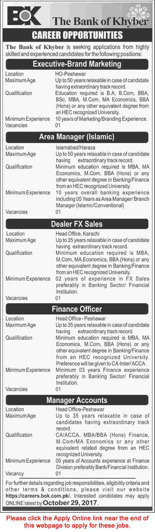 Bank of Khyber Jobs October 2017 Apply Online Accounts Manager, Finance Officer & Others Latest