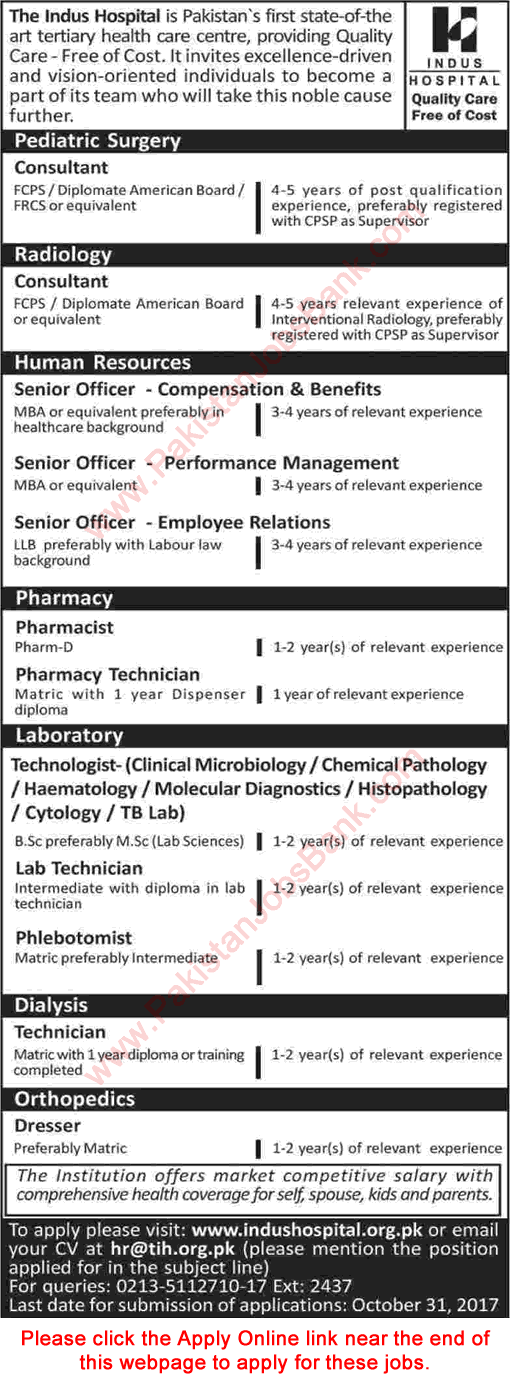 Indus Hospital Karachi Jobs October 2017 Apply Online Lab Technologists, Medical Technicians & Others Latest