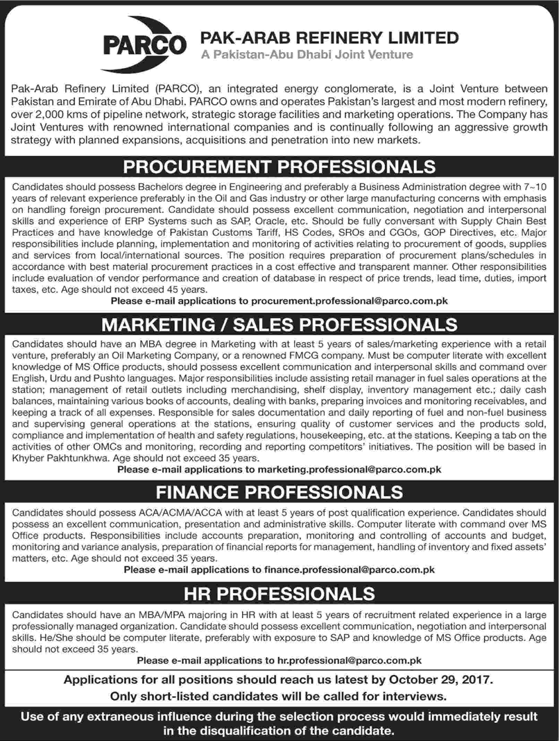 PARCO Jobs October 2017 Pak-Arab Refinery Limited Latest