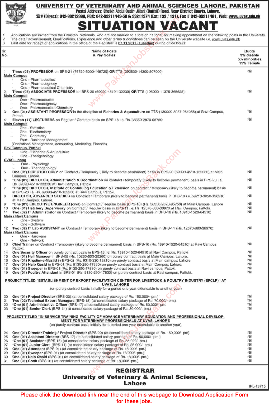 University of Veterinary and Animal Sciences Lahore Jobs October 2017 UVAS Application Form Latest