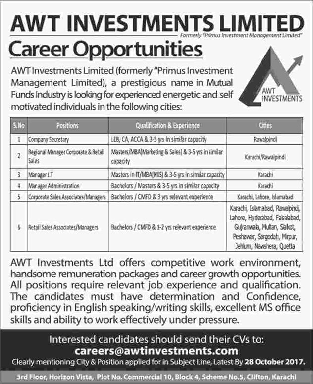 AWT Investments Limited Pakistan Jobs 2017 October Sales Associates / Managers & Others Latest