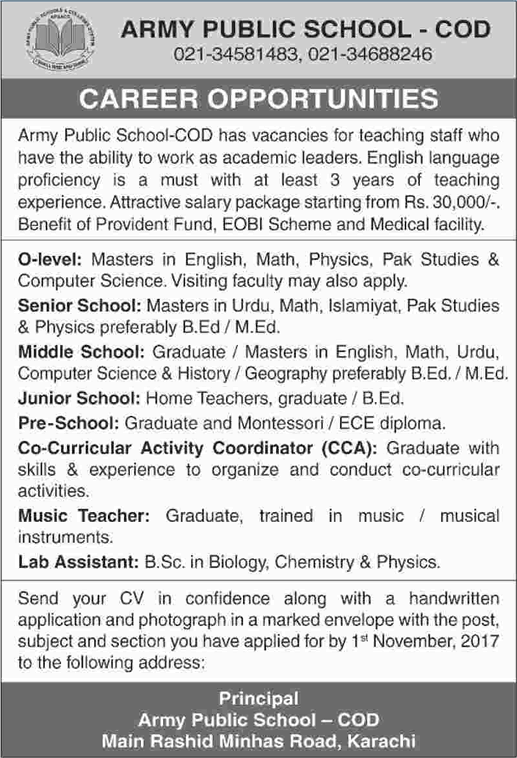 Army Public School COD Karachi Jobs October 2017 Teachers, Coordinators & Lab Assistant Latest
