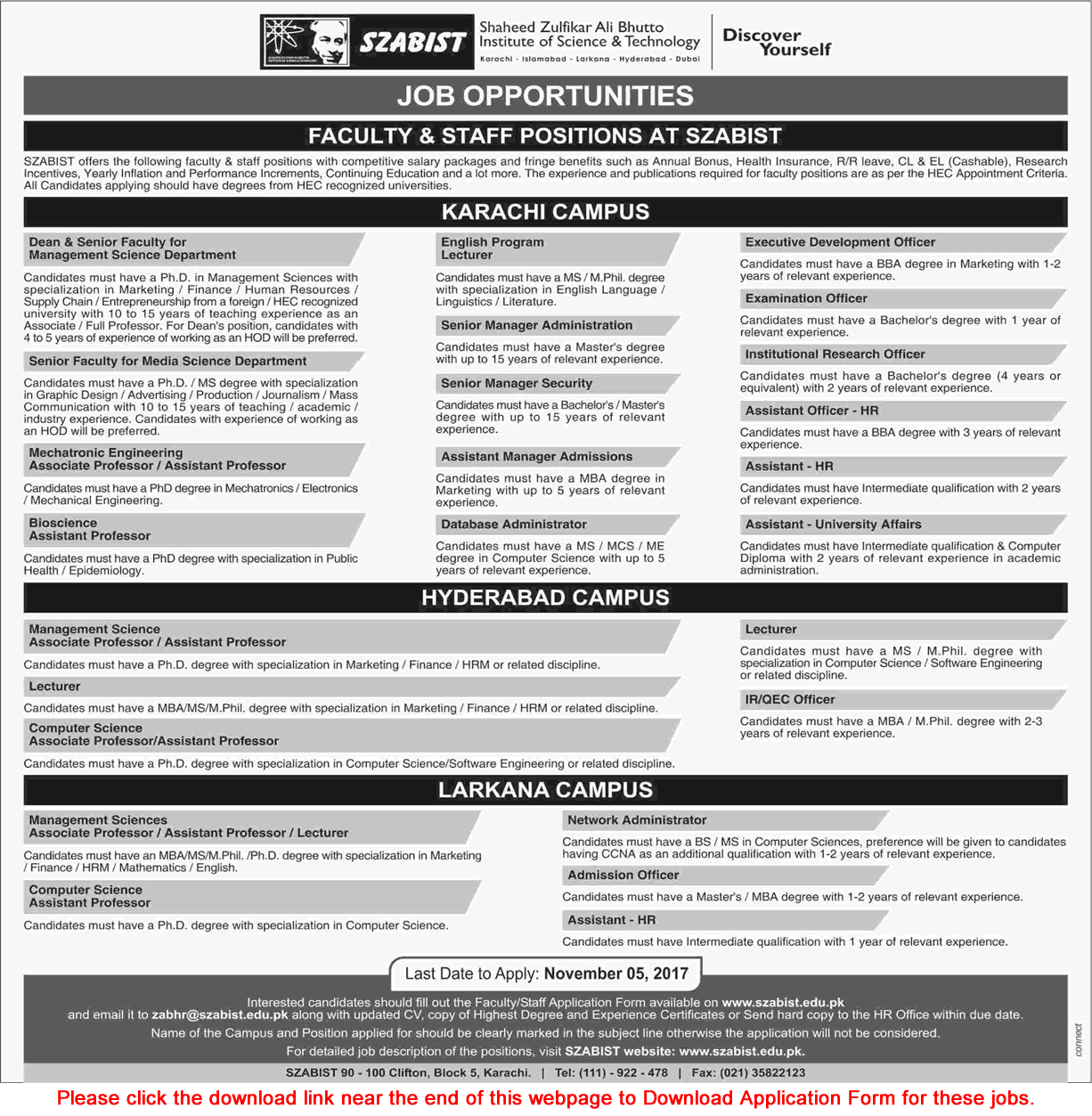 SZABIST Jobs October 2017 Application Form Teaching Faculty & Others Latest