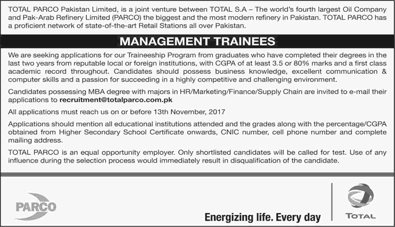 Management Trainee Jobs in Total PARCO Pakistan Limited 2017 October / November MTO Latest
