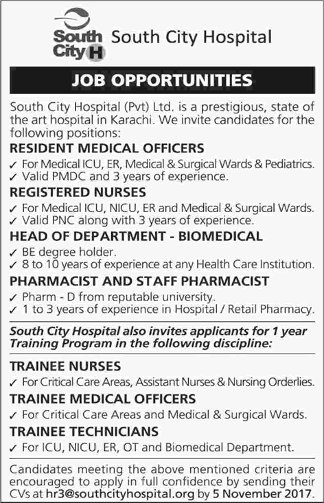 South City Hospital Pvt Ltd Karachi Jobs 2017 October / November Medical Officers, Nurses & Others Latest
