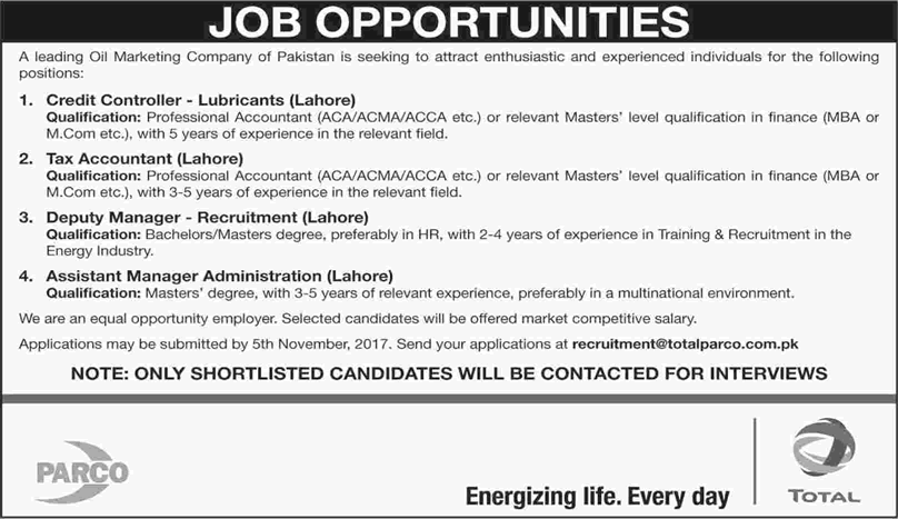 Total PARCO Pakistan Limited Lahore Jobs 2017 October / November Oil Marketing Company Latest