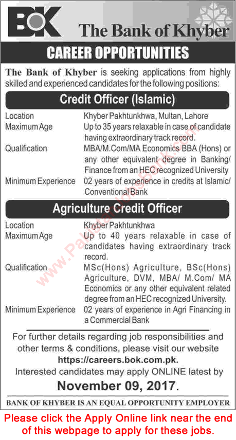 Bank of Khyber Jobs October 2017 November Apply Online Agriculture / Credit Officer Latest