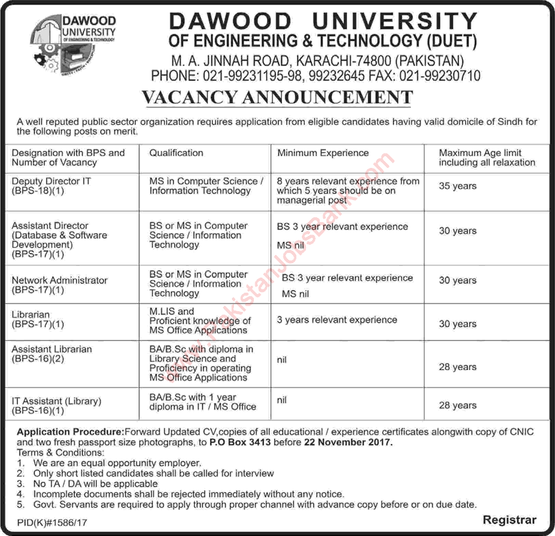 Dawood University Karachi Jobs November 2017 DUET Librarians, Network Administrator & Others Latest