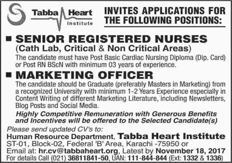 Tabba Heart Institute Karachi Jobs 2017 November Nurses & Marketing Officers Latest