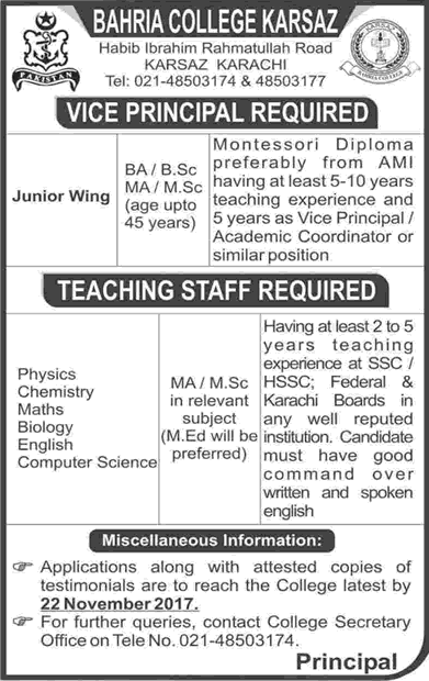Bahria College Karsaz Karachi Jobs November 2017 Teachers & Vice Principal Latest