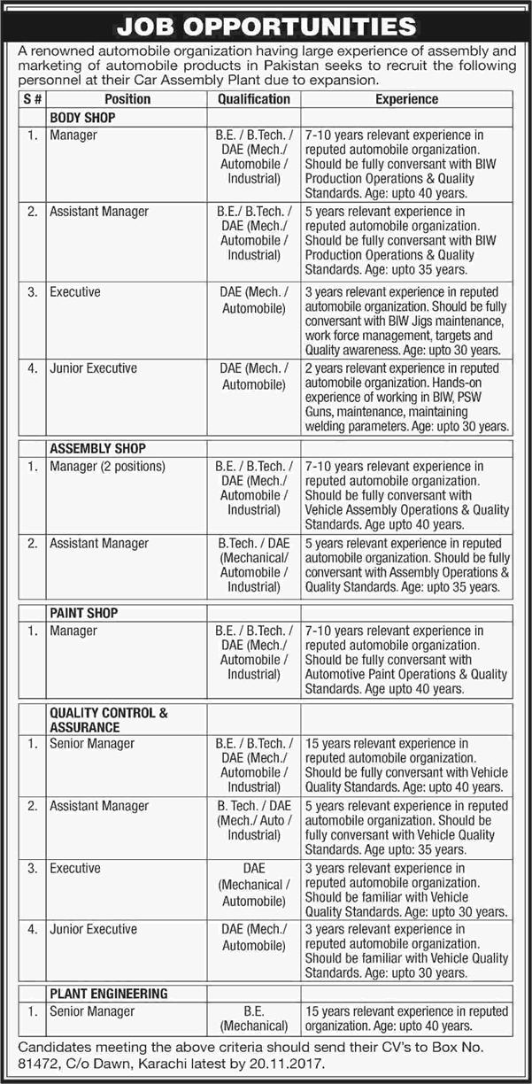 Automobile Industry Jobs in Karachi November 2017 Managers & Executives Latest