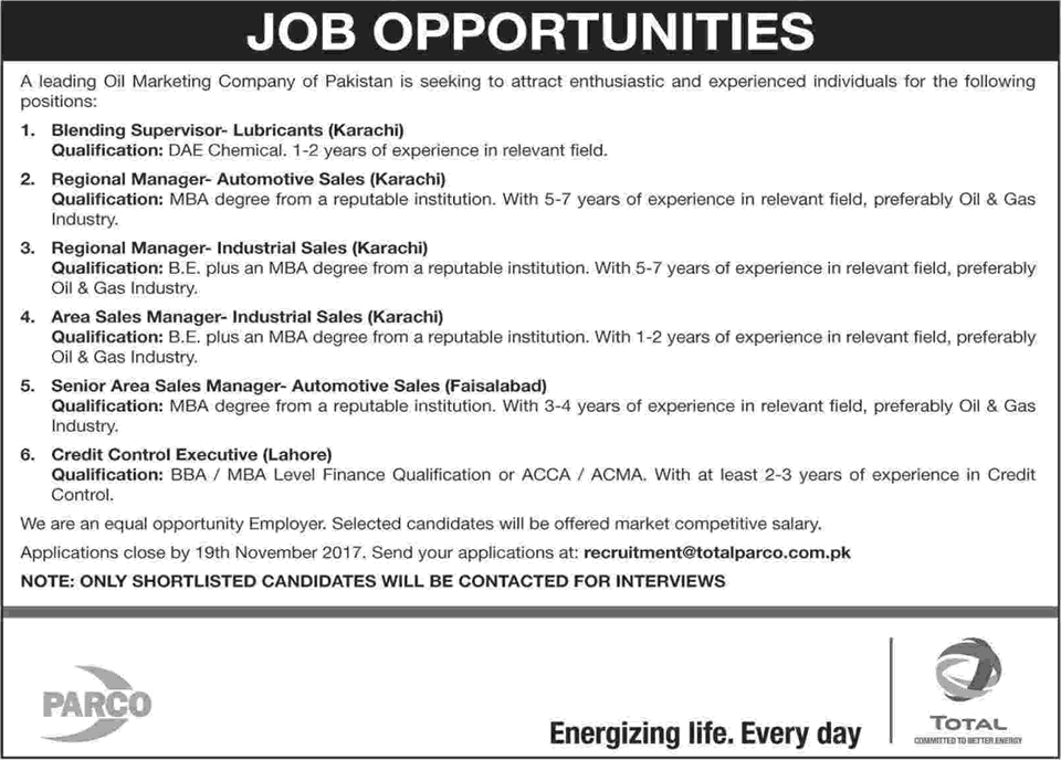 Total PARCO Pakistan Limited Jobs November 2017 Sales Managers, Credit Control Executive & Others Latest