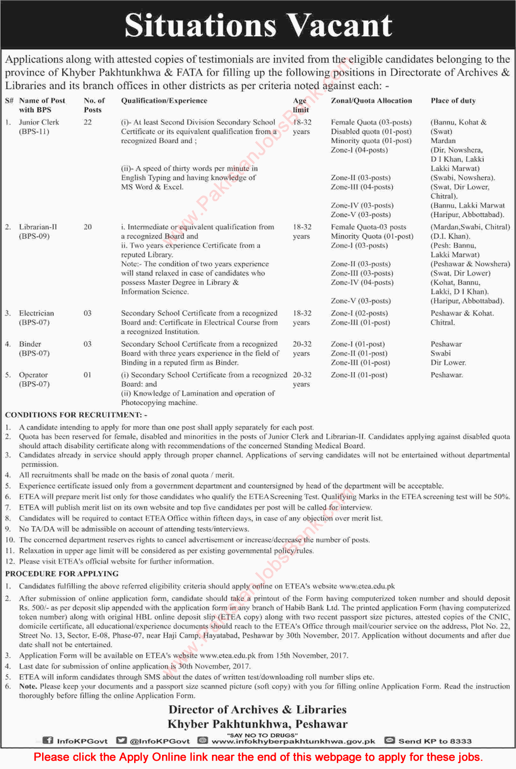 Directorate of Archives and Libraries KPK Jobs 2017 November Apply Online Clerks, Librarians & Others Latest