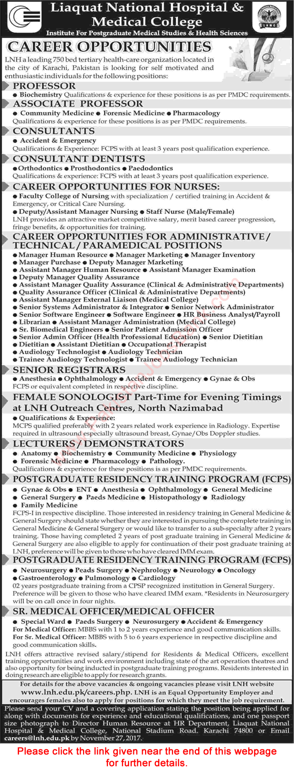 Liaquat National Hospital Karachi Jobs November 2017 Medical Officers, Admin Staff & Others LNH&MC Latest