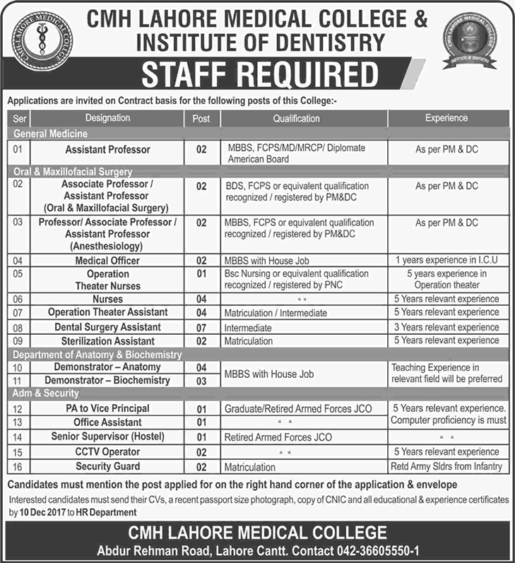 CMH Lahore Medical College Jobs November 2017 December Teaching Faculty, Nurses & Others Latest