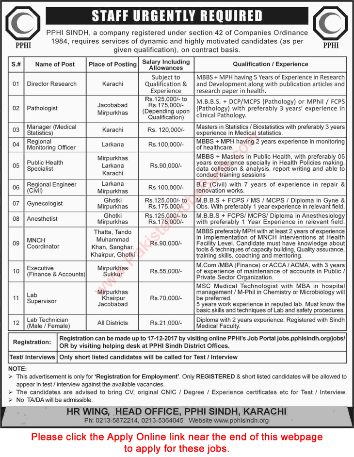PPHI Sindh Jobs December 2017 Apply Online MNCH Coordinators, Lab Supervisors / Technicians & Others Latest