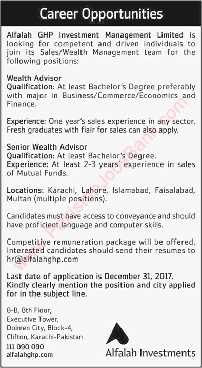 Alfalah GHP Investment Management Limited Jobs December 2017 Wealth Advisors Latest