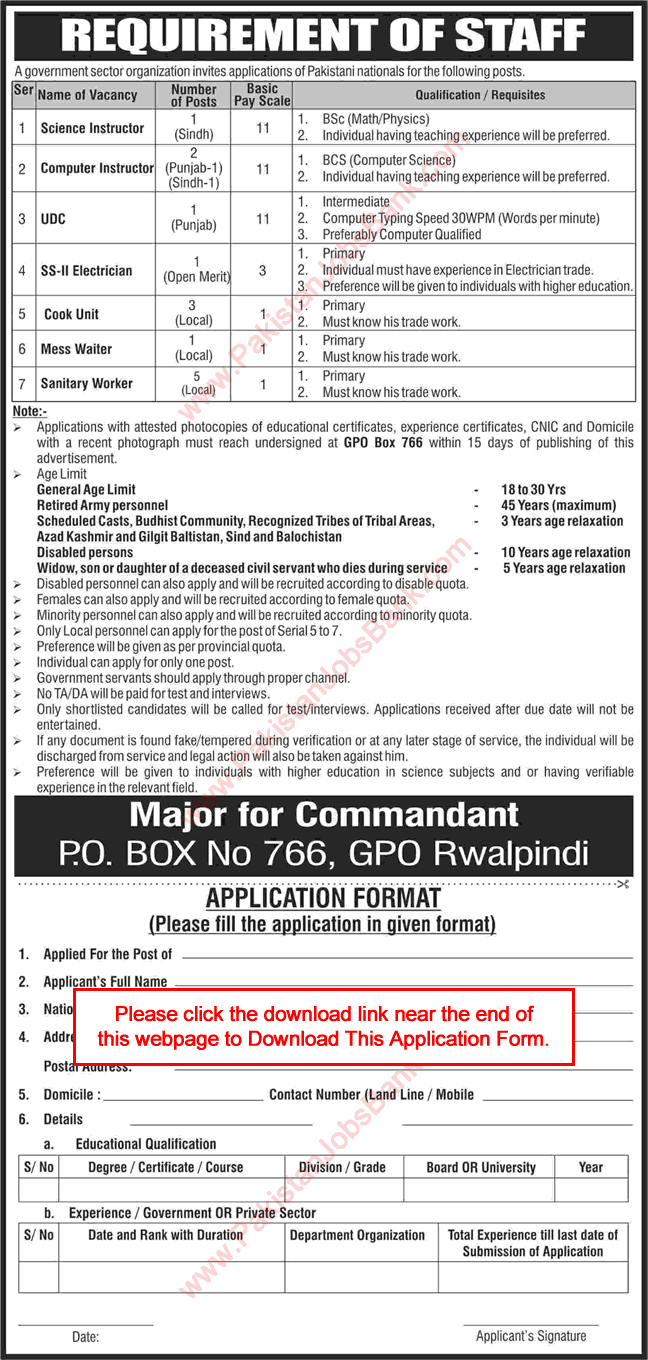 PO Box 766 GPO Rawalpindi Jobs 2017 December Application Form Cooks, Sanitary Workers & Others Latest