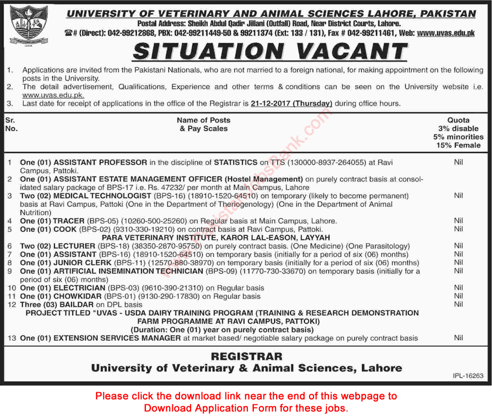 University of Veterinary and Animal Sciences Lahore Jobs December 2017 Application Form UVAS Latest