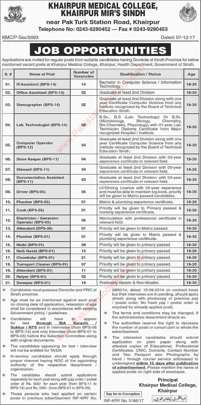 Khairpur Medical College Jobs 2017 December IT Assistants, Naib Qasid, Chowkidar, Sweepers & Others Latest