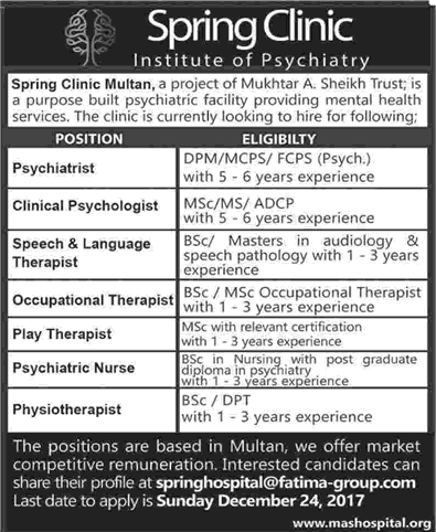 Spring Clinic Multan Jobs 2017 December Psychiatrist, Physiotherapist & Others Latest