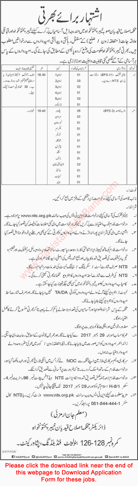 Directorate of Reclamation and Probation KPK Jobs 2017 December NTS Application Form Clerks & Naib Qasid Latest