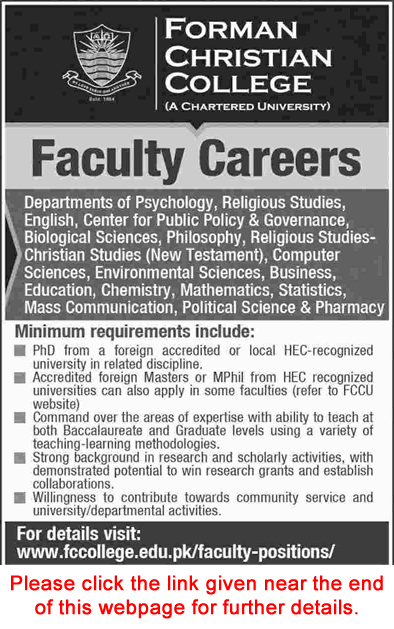 Forman Christian College Lahore Jobs December 2017 Teaching Faculty Latest