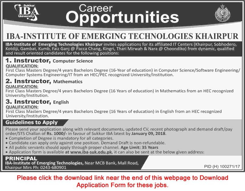 IBA Institute of Emerging Technologies Khairpur Jobs December 2017 Instructors Application Form Latest