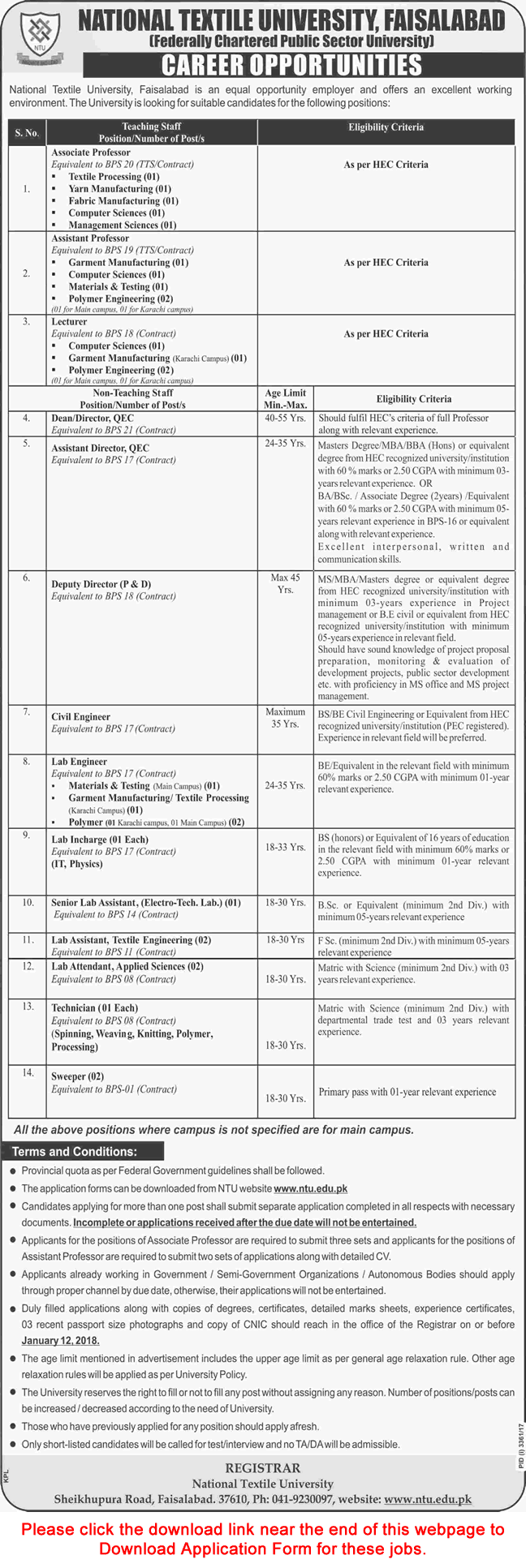 National Textile University Faisalabad Jobs December 2017 Application Form Teaching Faculty & Others Latest