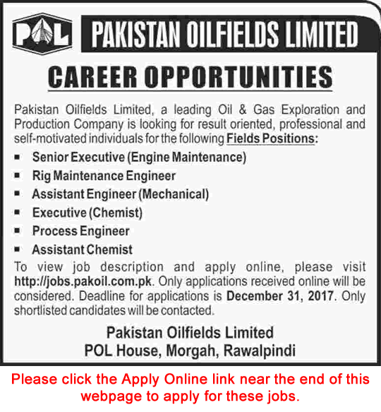 Pakistan Oilfields Limited Jobs December 2017 POL Apply Online Mechanical Engineers, Chemists & Others Latest