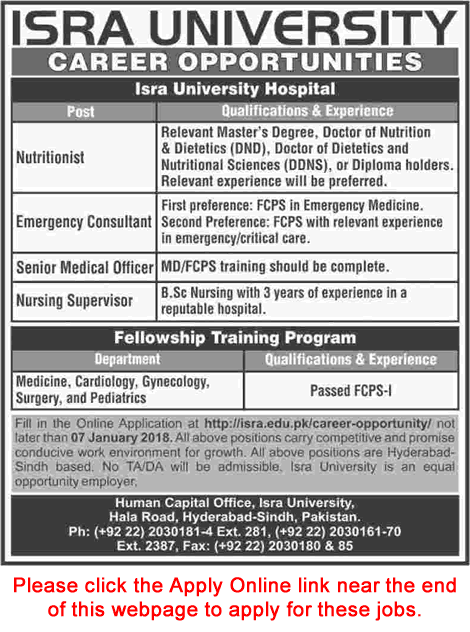 Isra University Hospital Hyderabad Jobs December 2017 Apply Online Medical Officers, FCPS Fellows & Others Latest
