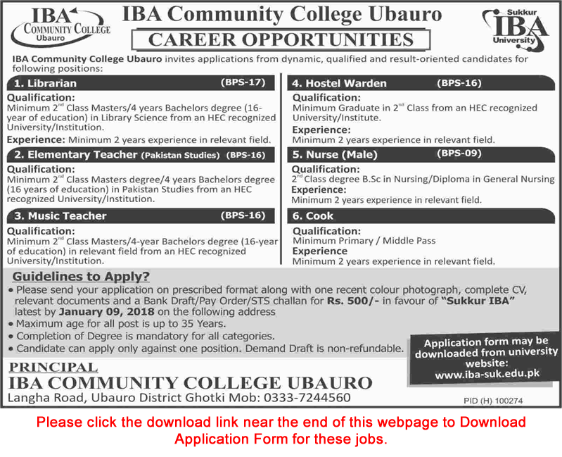 IBA Community College Ubauro Jobs December 2017 Application Form Teachers, Librarian & Others Latest