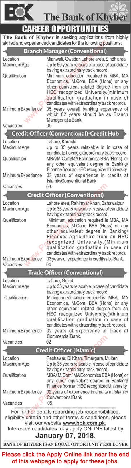 Bank of Khyber Jobs December 2017 Apply Online Credit / Trade Officers & Branch Managers Latest