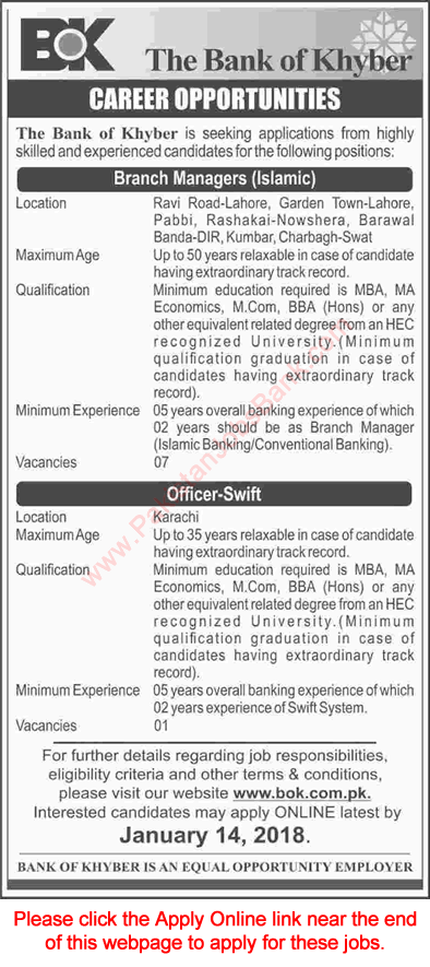 Bank of Khyber Jobs December 2017 / 2018 Apply Online Branch Managers & Swift Officer Latest