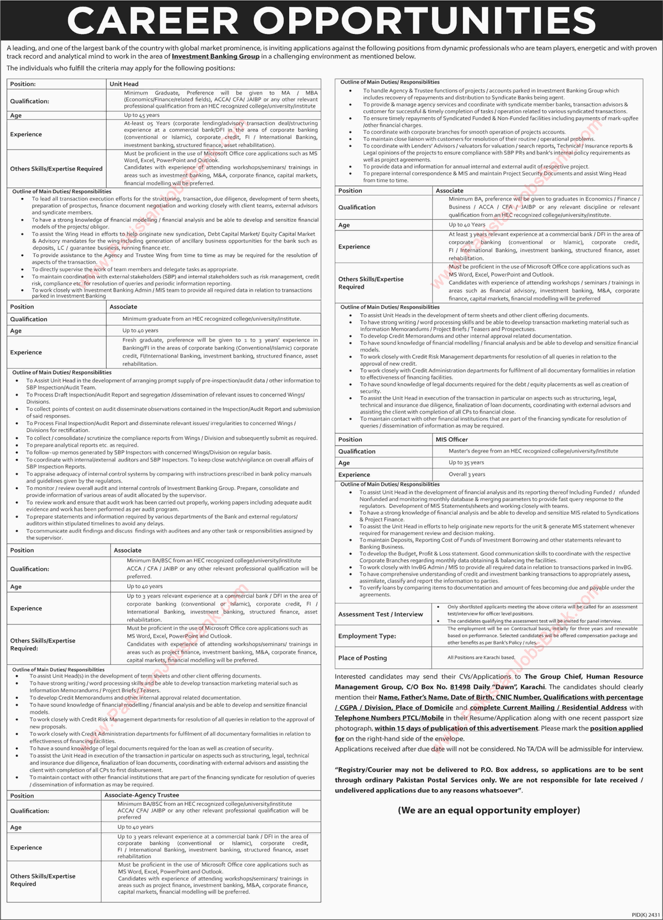 Bank Jobs in Karachi December 2017 / 2018 Associates, MIS Officer & Unit Head Investment Banking Group Latest