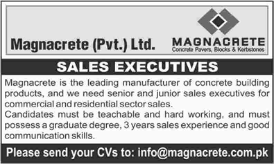 Sales Executive Jobs in Karachi December 2017 / 2018 at Magnacrete Pvt Ltd Latest